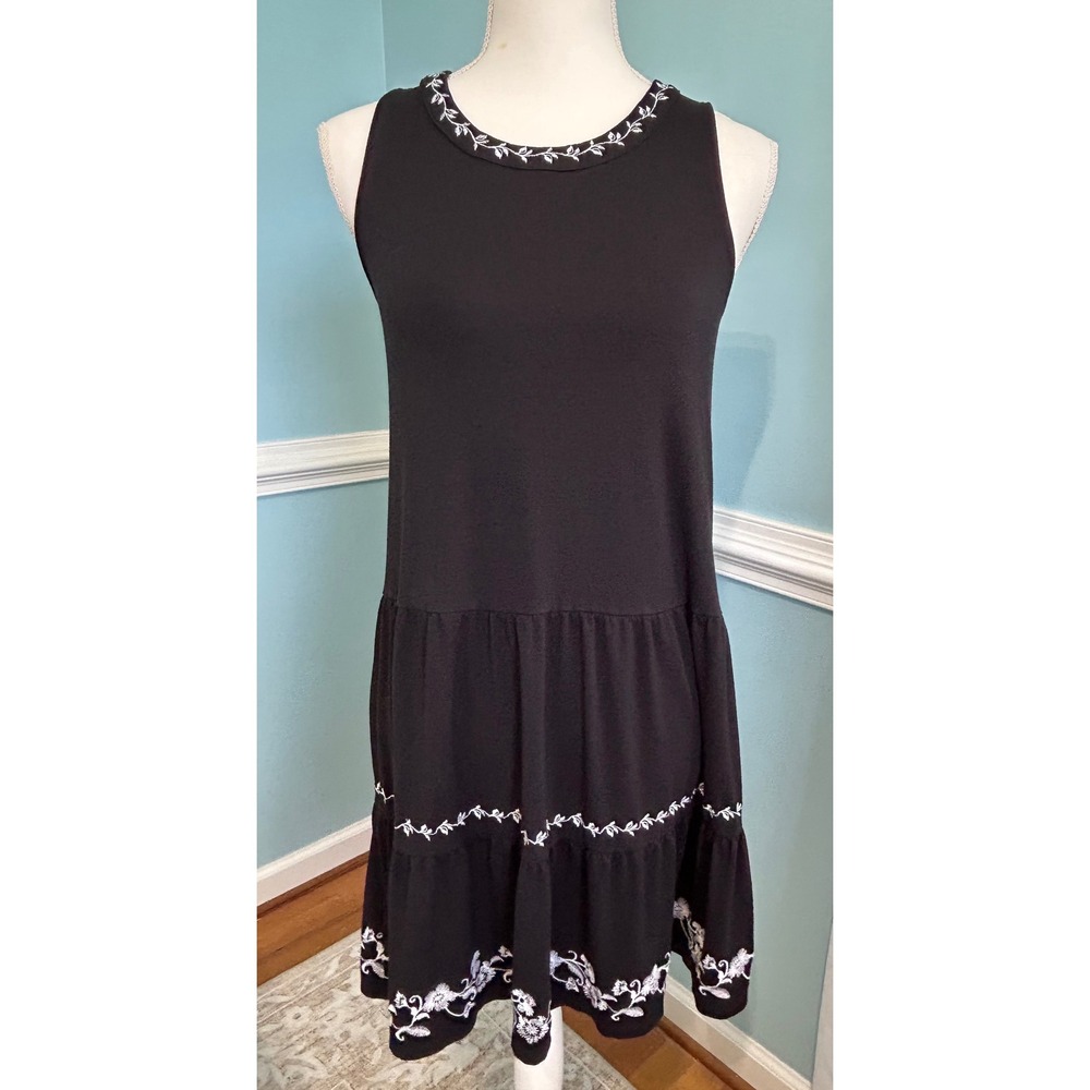 Loft Black Embroidered Tiered cottage core, coquetteMini Dress Tie Back XS